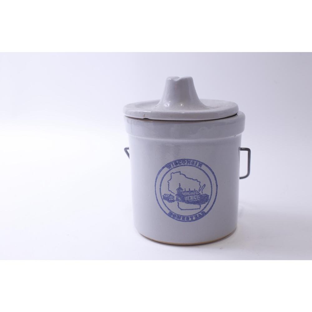 Wisconsin Homestead Stoneware Cheese Crock with Lid and Wire Bail, Vintage